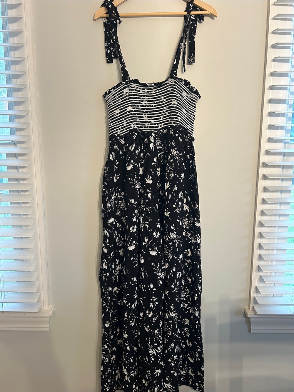 Free People Black and White Floral Strap Tie Jumpsuit